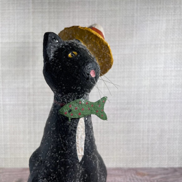 Black Halloween Cat Candy Corn Hat and Fish Bow Tie Sparkly Home Decor - Picture 5 of 6